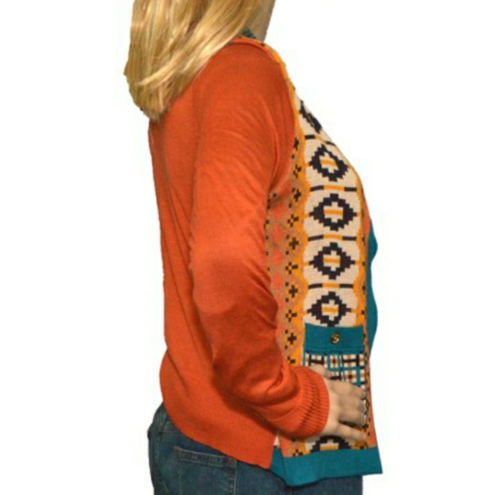Tory Burch Orange & Teal Patterned Cardigan Sweater - Picture 3 of 9